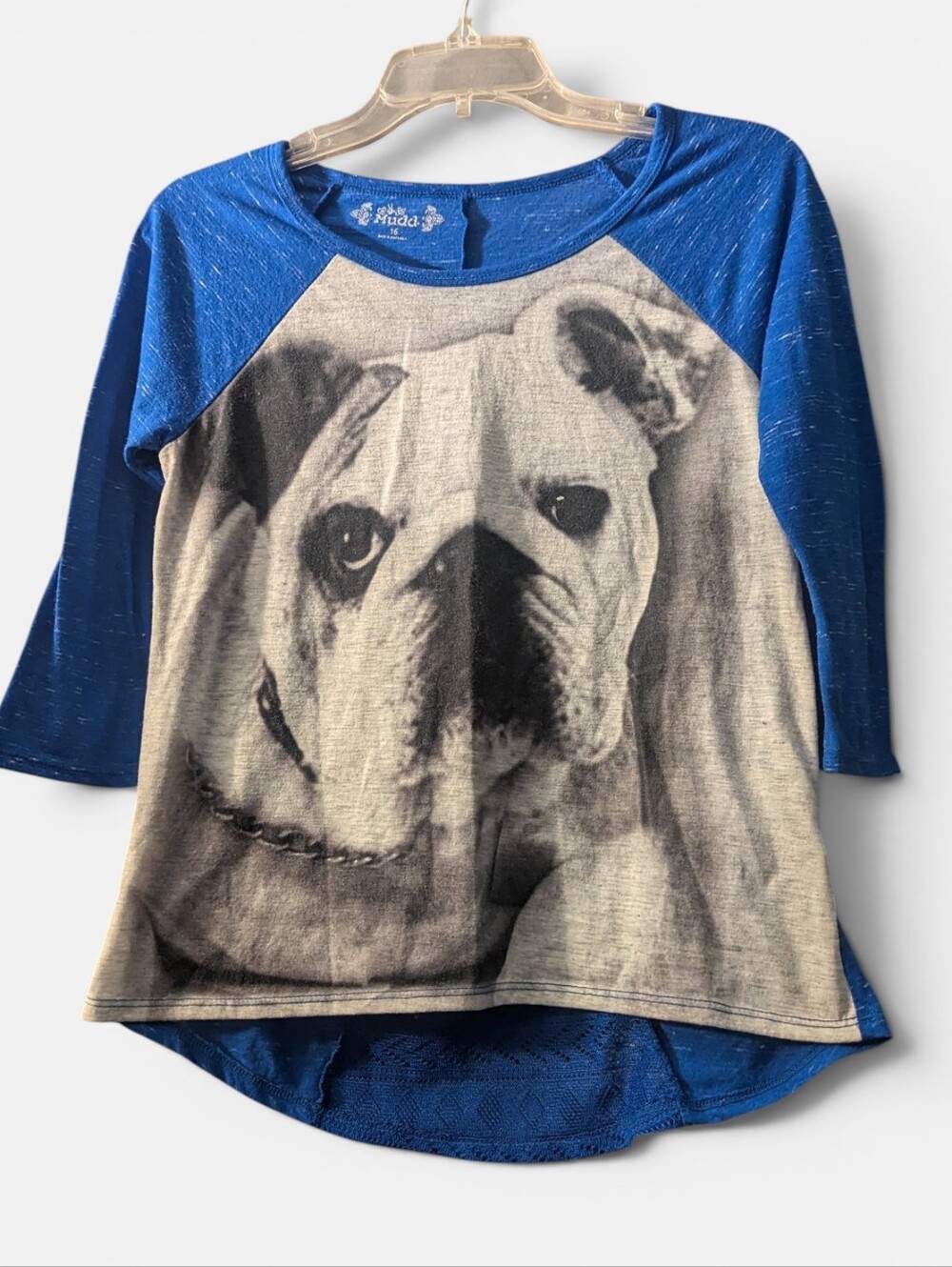 Blue Raglan Bulldog Graphic Tee Youth 16/Women's Small